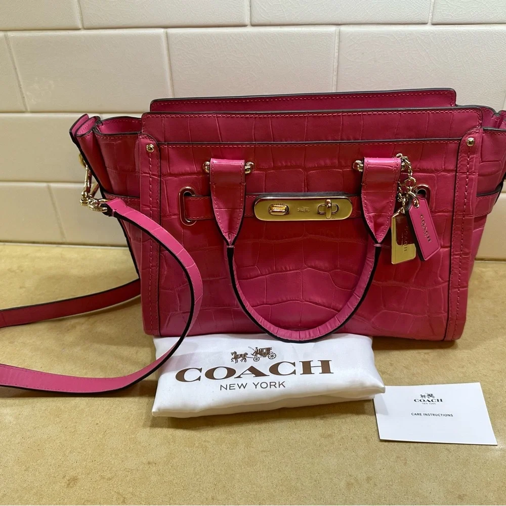 NWT Coach Swagger 27 Dahlia Pink Croc-Embossed crossbody purse/satchel. - Picture 7 of 12